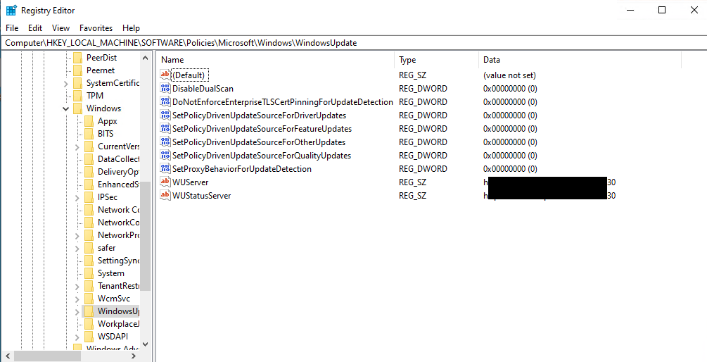 Windows Update registry keys configured